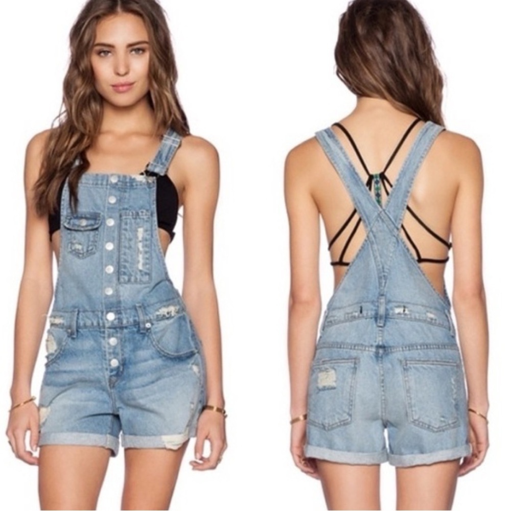Lovers + Friends Shane Denim shorts Overalls light wash button front size small